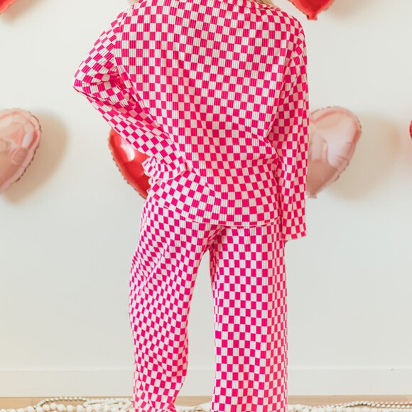 Pink Checkered Buttoned Shirt and High Waist Pants Pajama Set - Picture 9 of 16